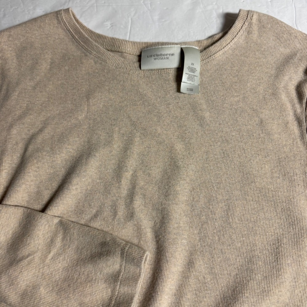Liz Claiborne Woman Beige Ribbed Long Sleeve Crew Neck Top Size 2X